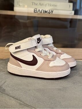Nike Kids White and Pink High-Top Sneakers with Burgundy Swoosh toddler 5c